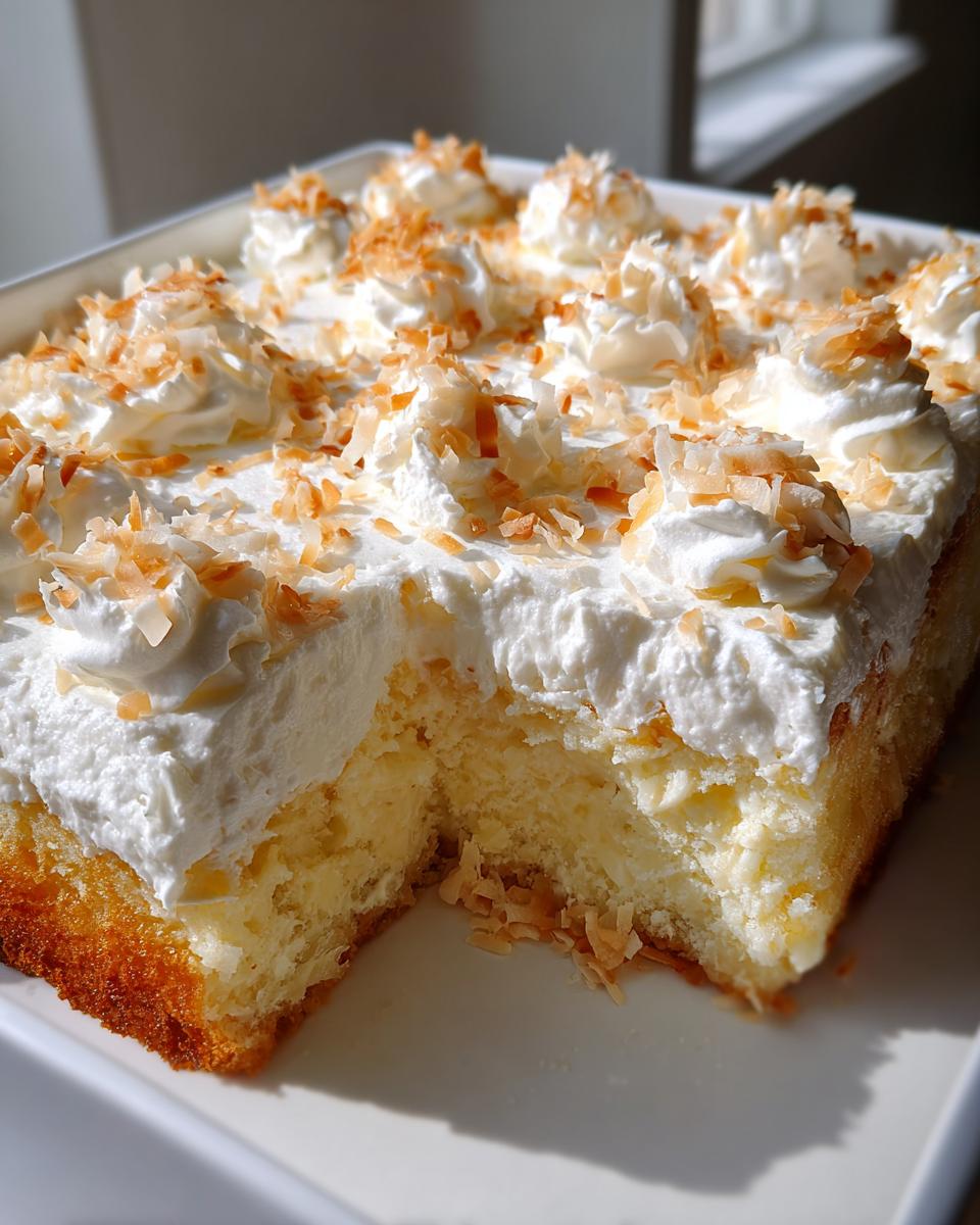 A square slice of moist coconut poke cake topped with whipped cream dollops and toasted coconut flakes.