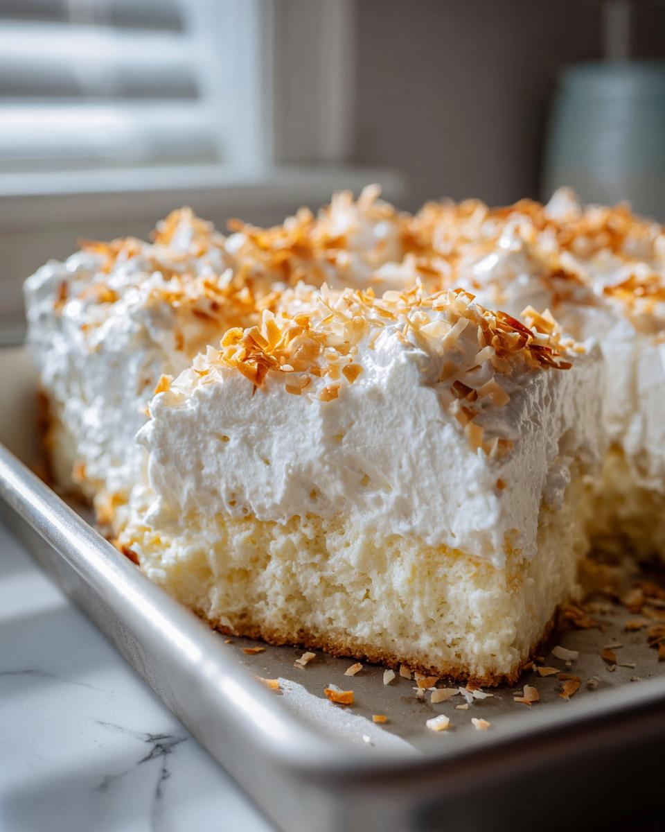 A thick slice of moist coconut poke cake topped with whipped cream and toasted coconut flakes.