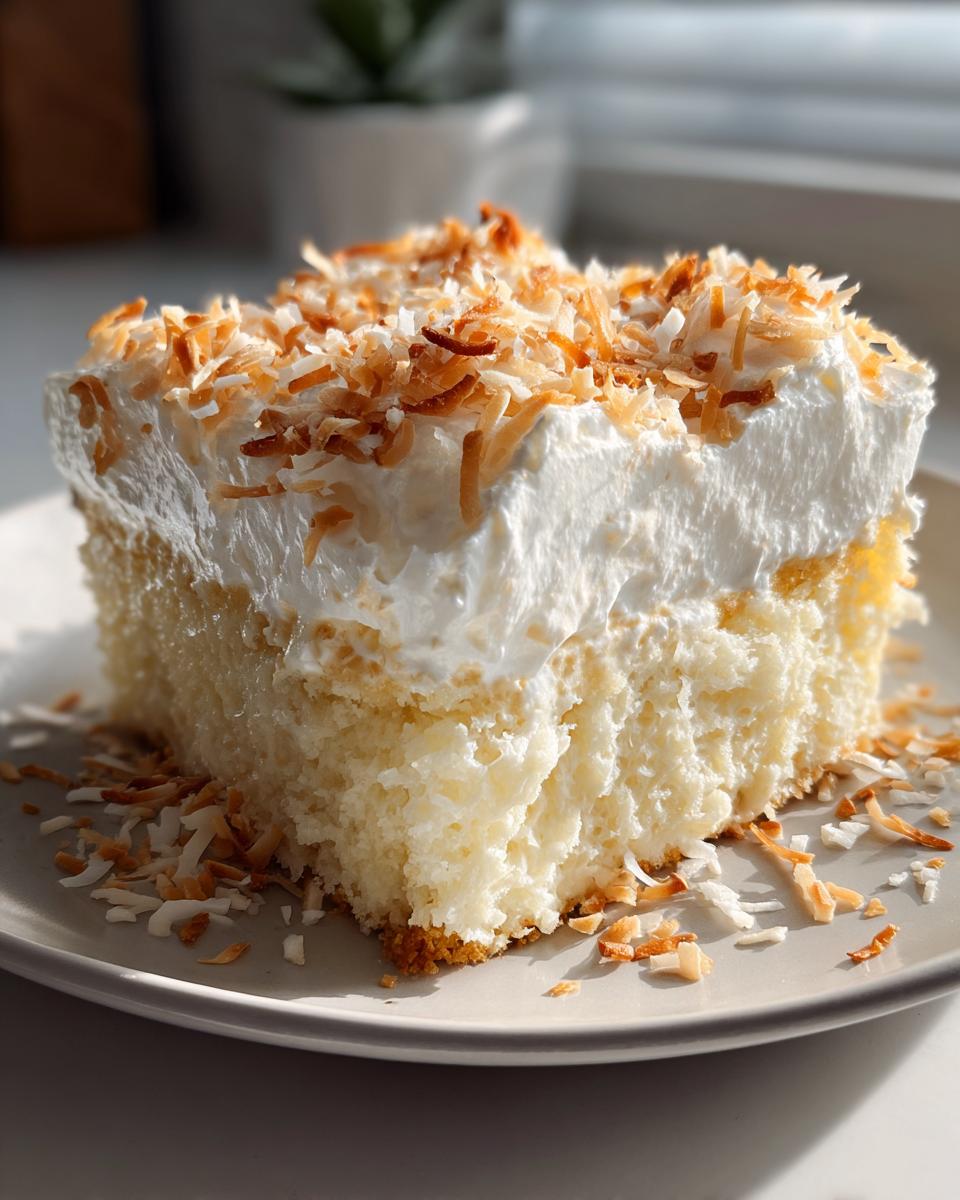 A moist slice of coconut poke cake topped with whipped cream and toasted coconut flakes.