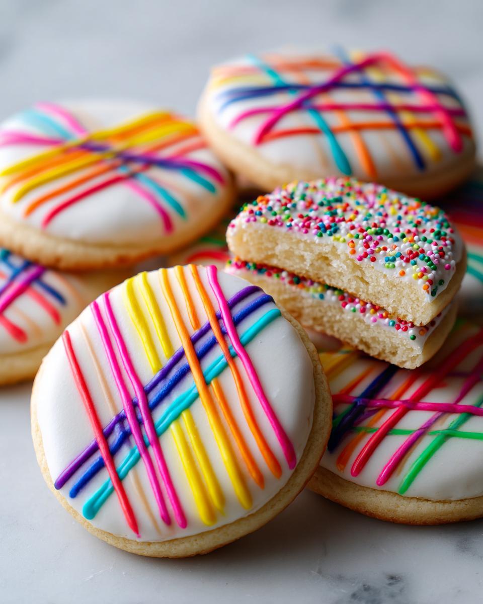 Close-up of sugar cookies decorated with smooth white cookie icing and bright rainbow drizzle lines.