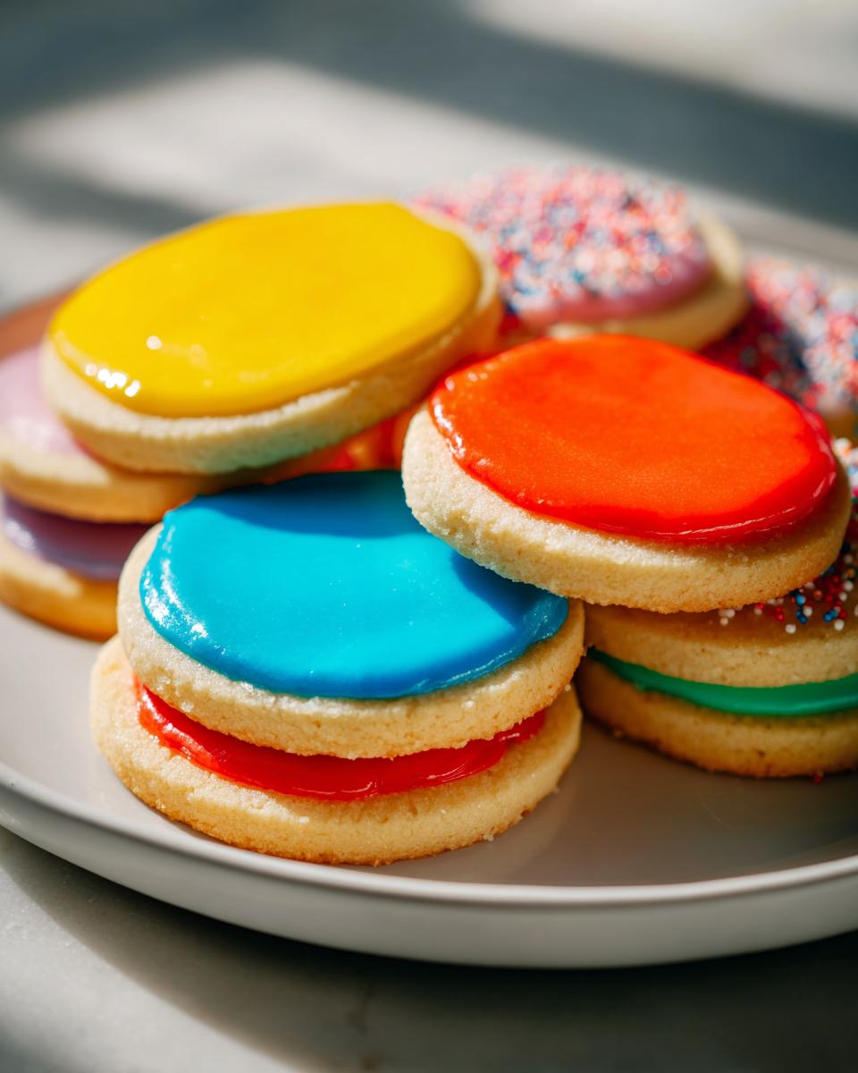 Close-up of stacked sugar cookies topped with vibrant, smooth sugar cookie icing that hardens in yellow, red, and blue.