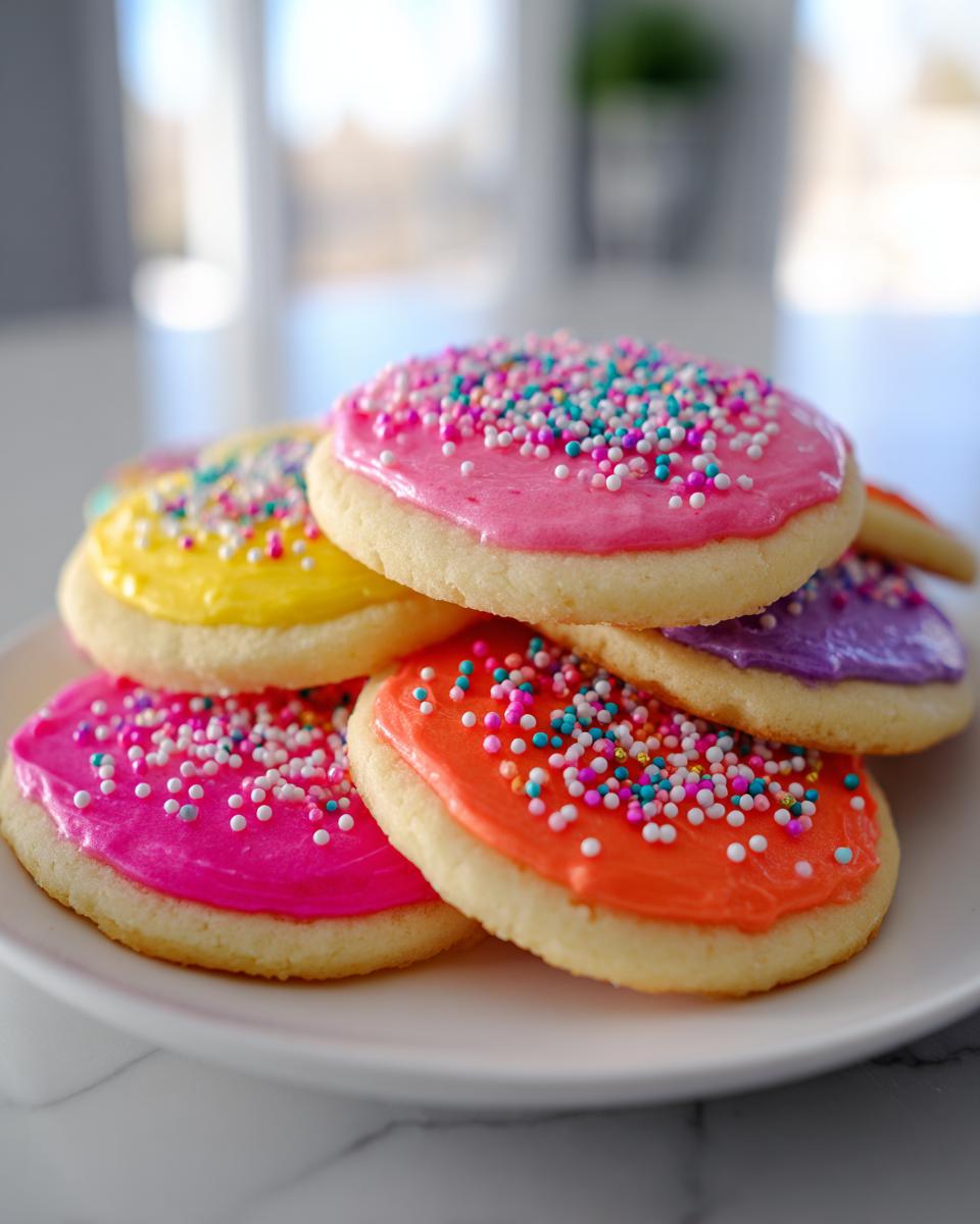 A stack of colorful sugar cookies topped with bright icing that hardens and rainbow sprinkles.