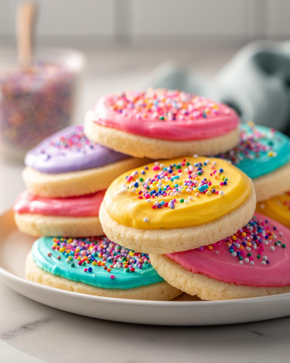 Stack of sugar cookies topped with brightly colored, hardened sugar cookie icing and rainbow sprinkles.