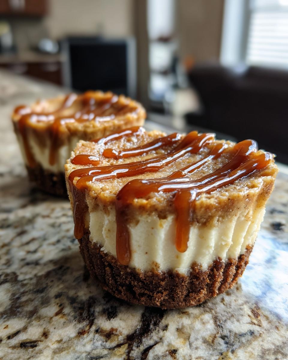 Close-up of one of the amazing cookie butter cheesecake cups topped with a rich caramel drizzle, sitting on a granite counter.