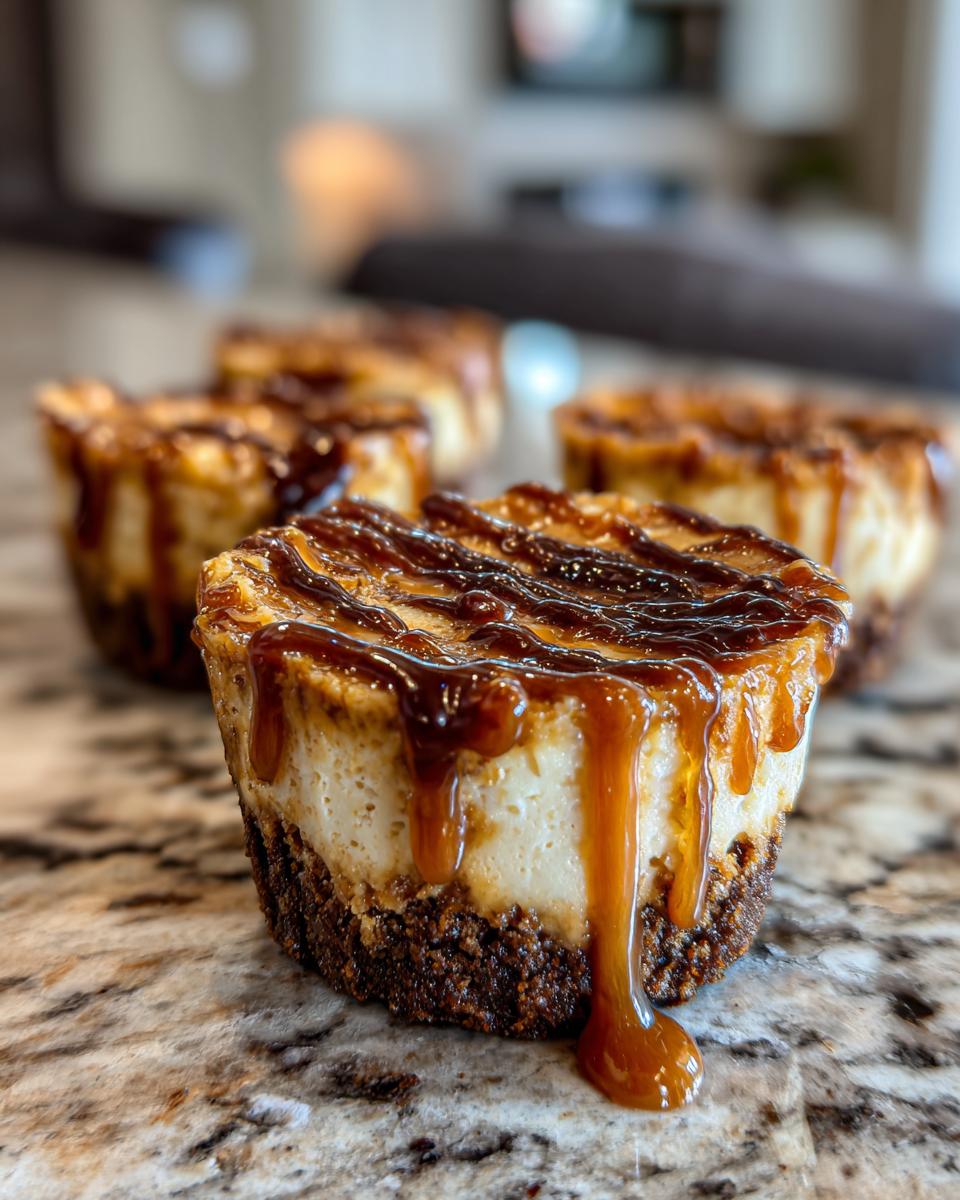 Close-up of a single cookie butter cheesecake cup drizzled generously with caramel sauce.
