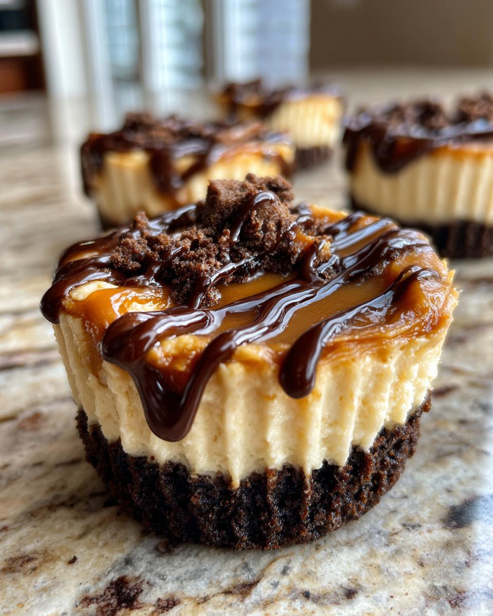 Close-up of a single cookie butter cheesecake cup topped with caramel, chocolate drizzle, and crumbs.