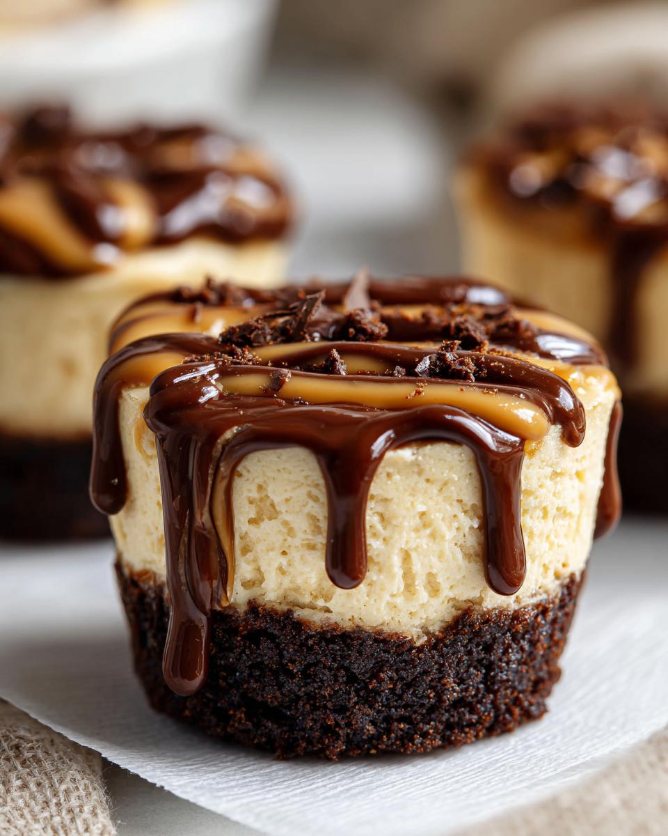 Close-up of a single cookie butter cheesecake cup with rich chocolate and caramel drizzle.