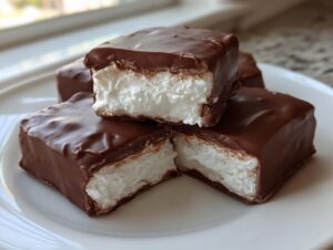 Four squares of homemade cool whip candy, coated in rich chocolate, stacked on a white plate.