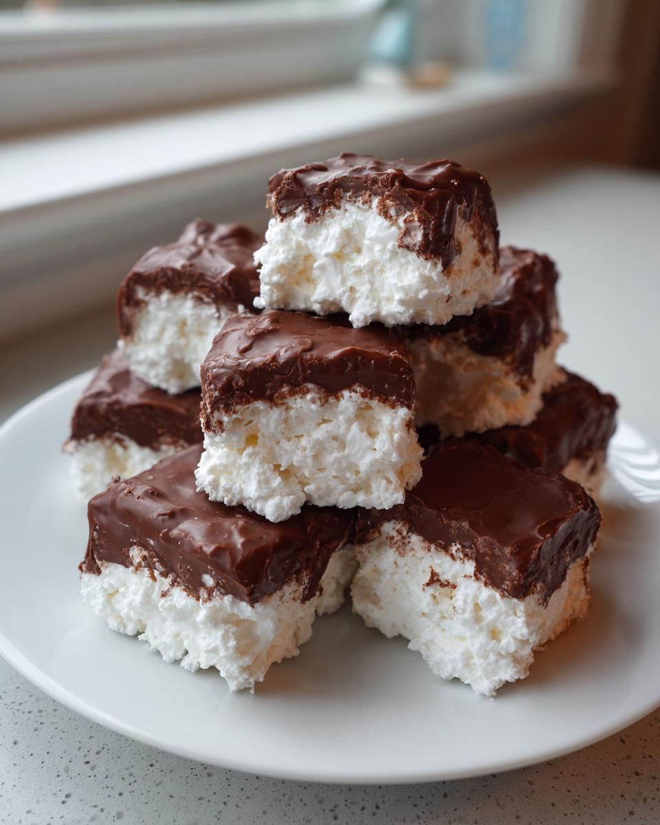 A stack of homemade cool whip candy squares featuring a fluffy white base topped with rich chocolate frosting.