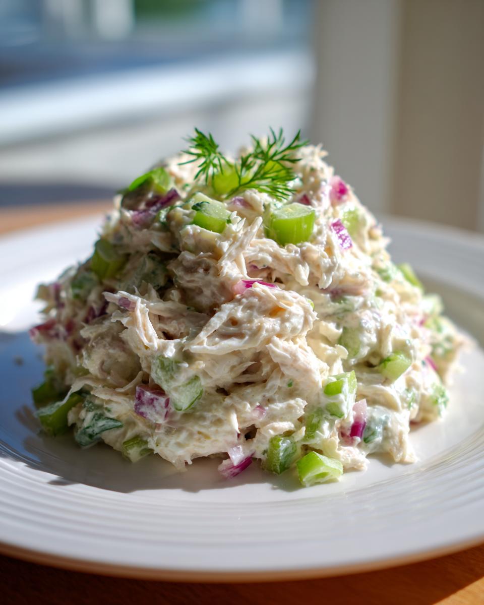 A generous serving of creamy cottage cheese chicken salad mixed with celery and red onion, garnished with dill.