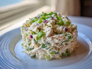 A molded serving of creamy cottage cheese chicken salad topped with chopped green onions and red onion.