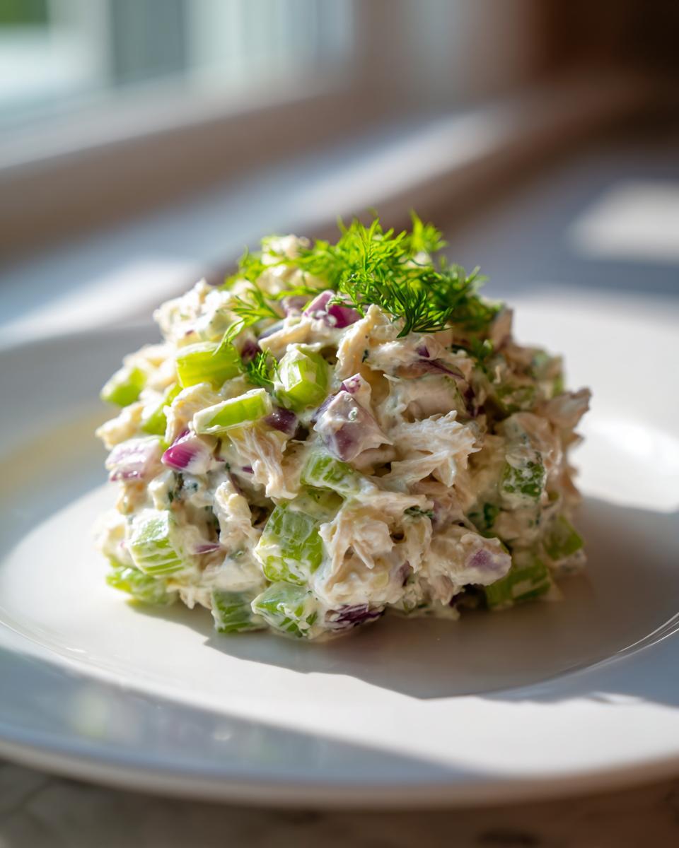 A scoop of creamy cottage cheese chicken salad mixed with celery and red onion, topped with fresh dill.