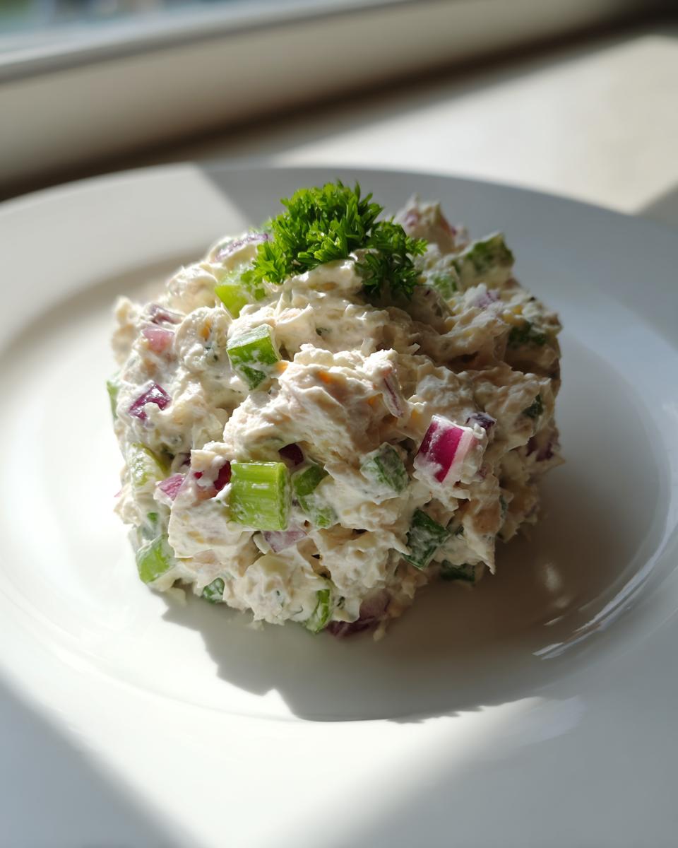 A scoop of creamy cottage cheese chicken salad mixed with diced red onion and celery, garnished with fresh parsley.