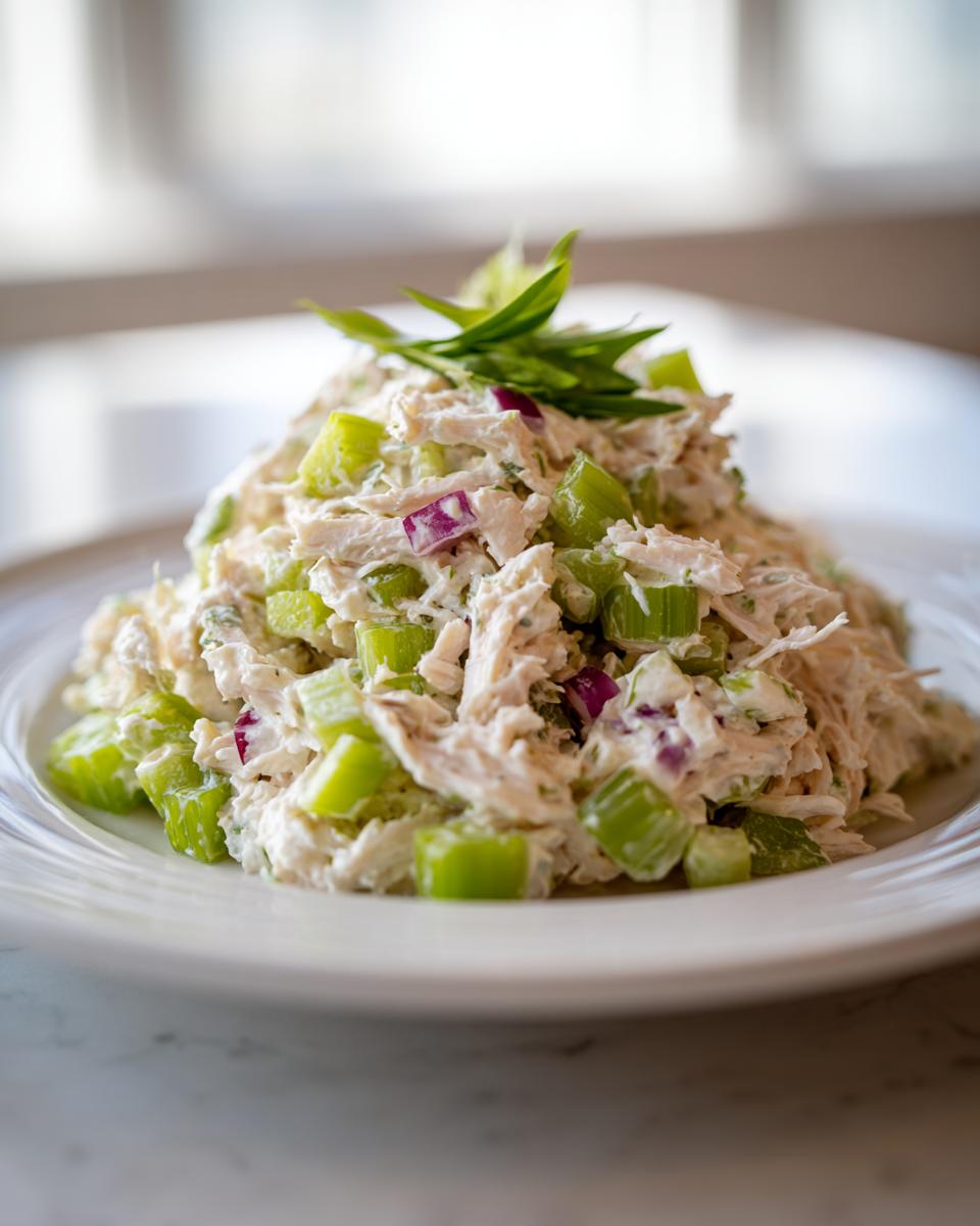 A mound of creamy cottage cheese chicken salad mixed with celery and red onion, garnished with green onion.