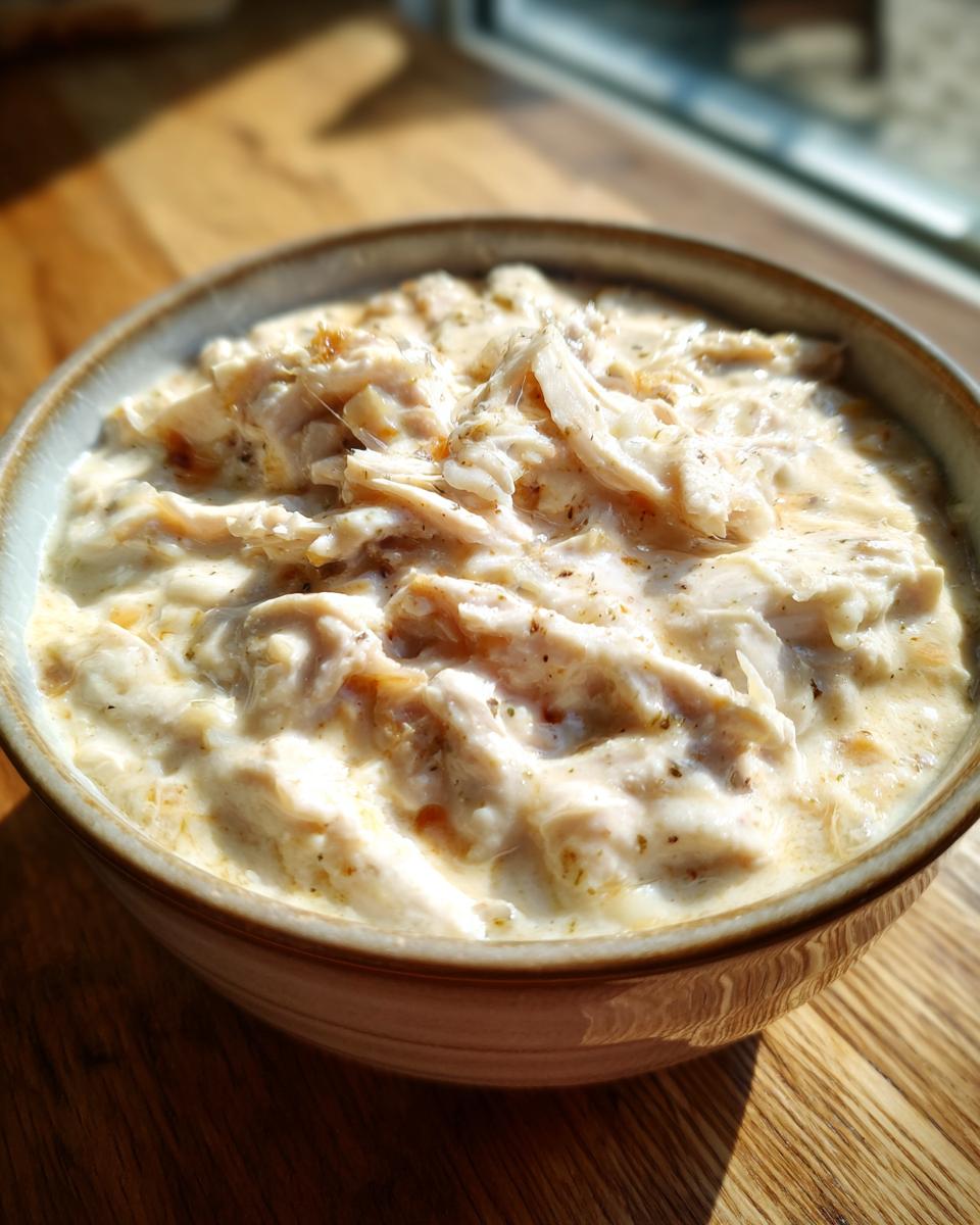 A close-up view of thick, creamy white shredded chicken mixture, representing cream cheese chicken chili, served in a rustic bowl.