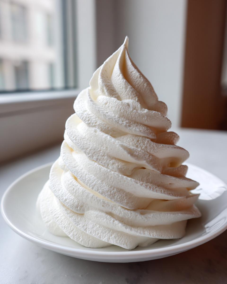 A tall, perfectly piped swirl of fluffy white cream cheese frosting sitting on a small white saucer.