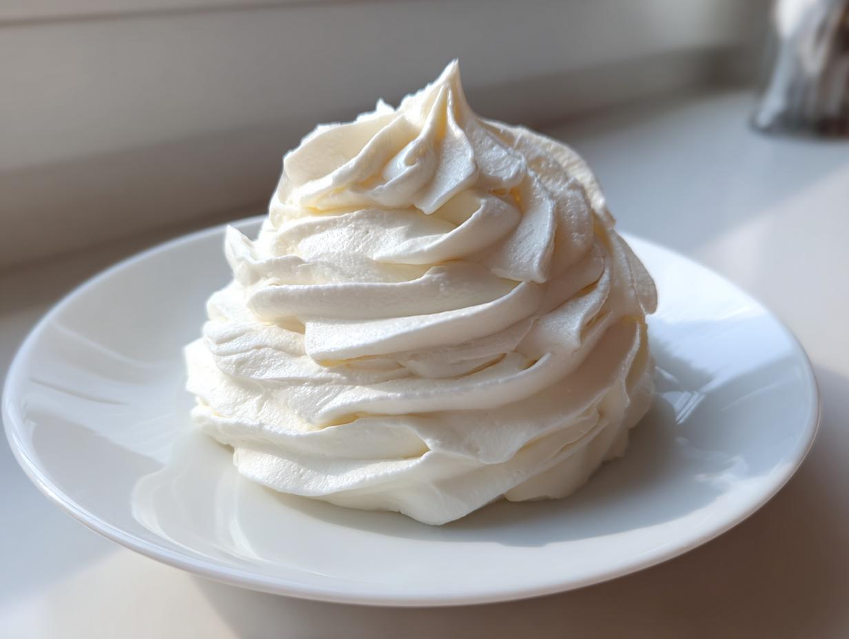 A beautiful, tall swirl of fluffy white cream cheese frosting piped onto a small white plate.