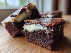 Two decadent slices of dark, fudgy gingerbread brownies with a thick, creamy white filling layer.