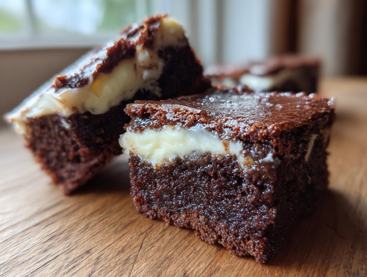 Two decadent slices of dark, fudgy gingerbread brownies with a thick, creamy white filling layer.