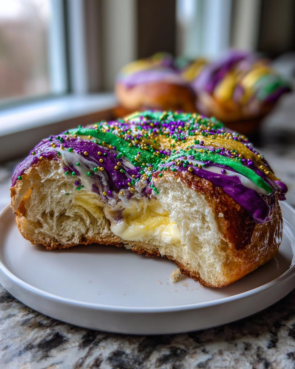 Close-up of a slice of cream cheese-filled king cake showing the fluffy interior and Mardi Gras colored icing and sprinkles.