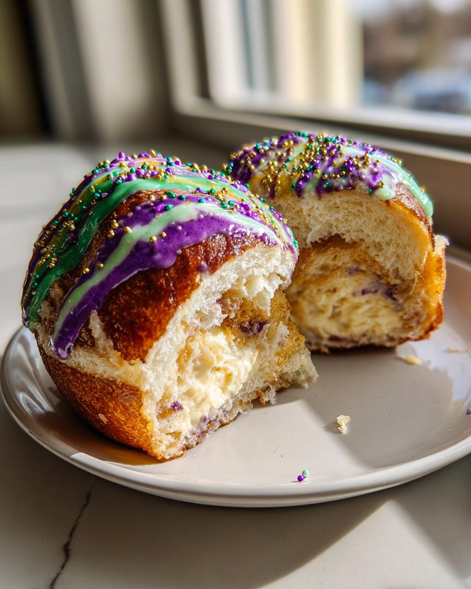 Close-up of a cream cheese filled King Cake slice topped with purple, green, and gold icing and sprinkles.