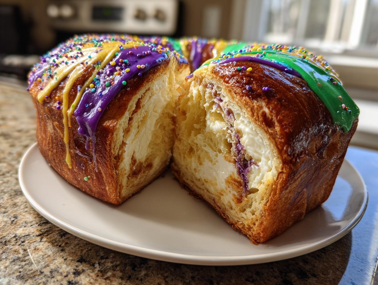 A cross-section view of a rich, brioche-style King Cake filled with cream cheese and topped with purple, green, and gold icing and sprinkles.