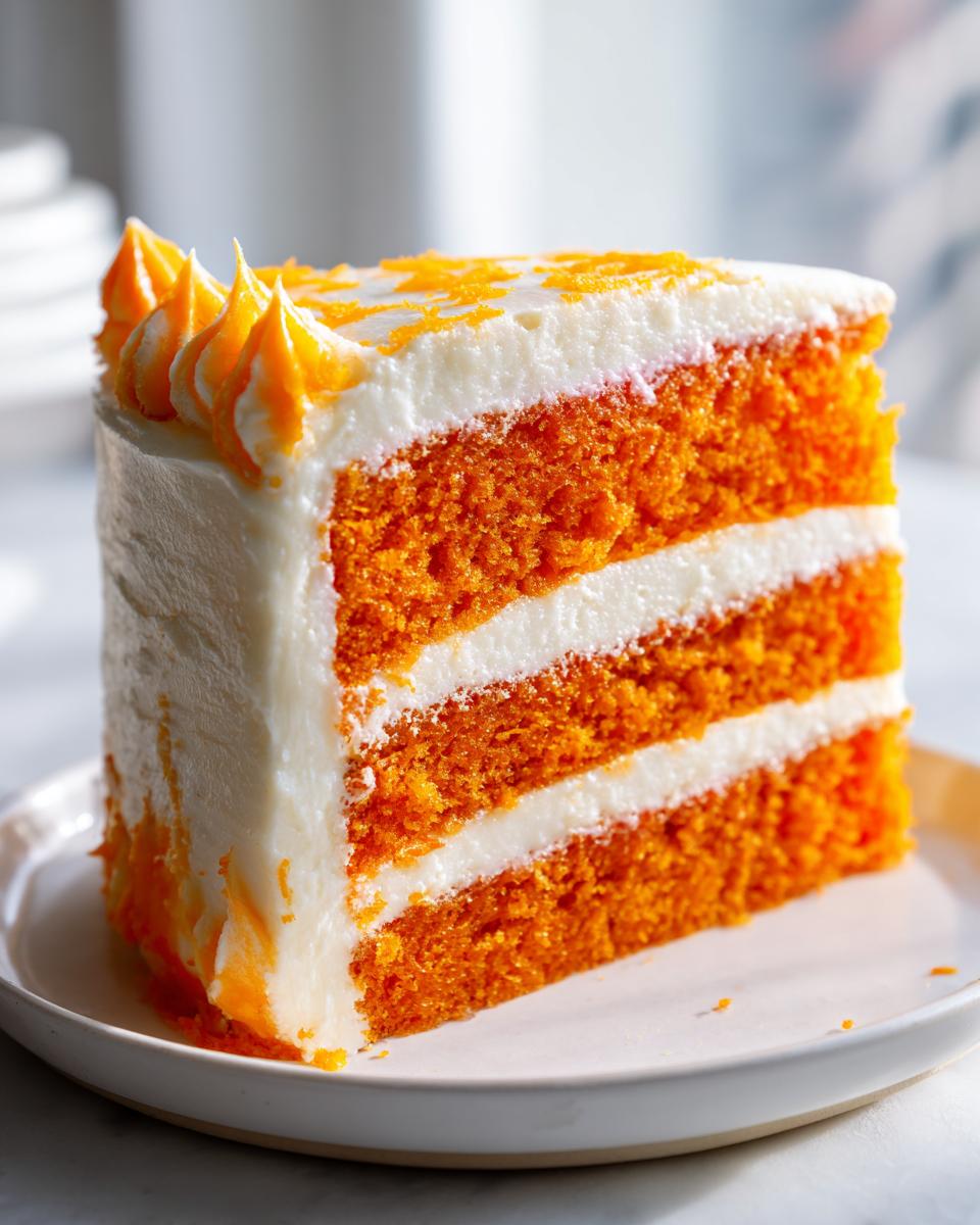 A tall slice of vibrant orange Creamsicle Cake layered with white cream cheese frosting.