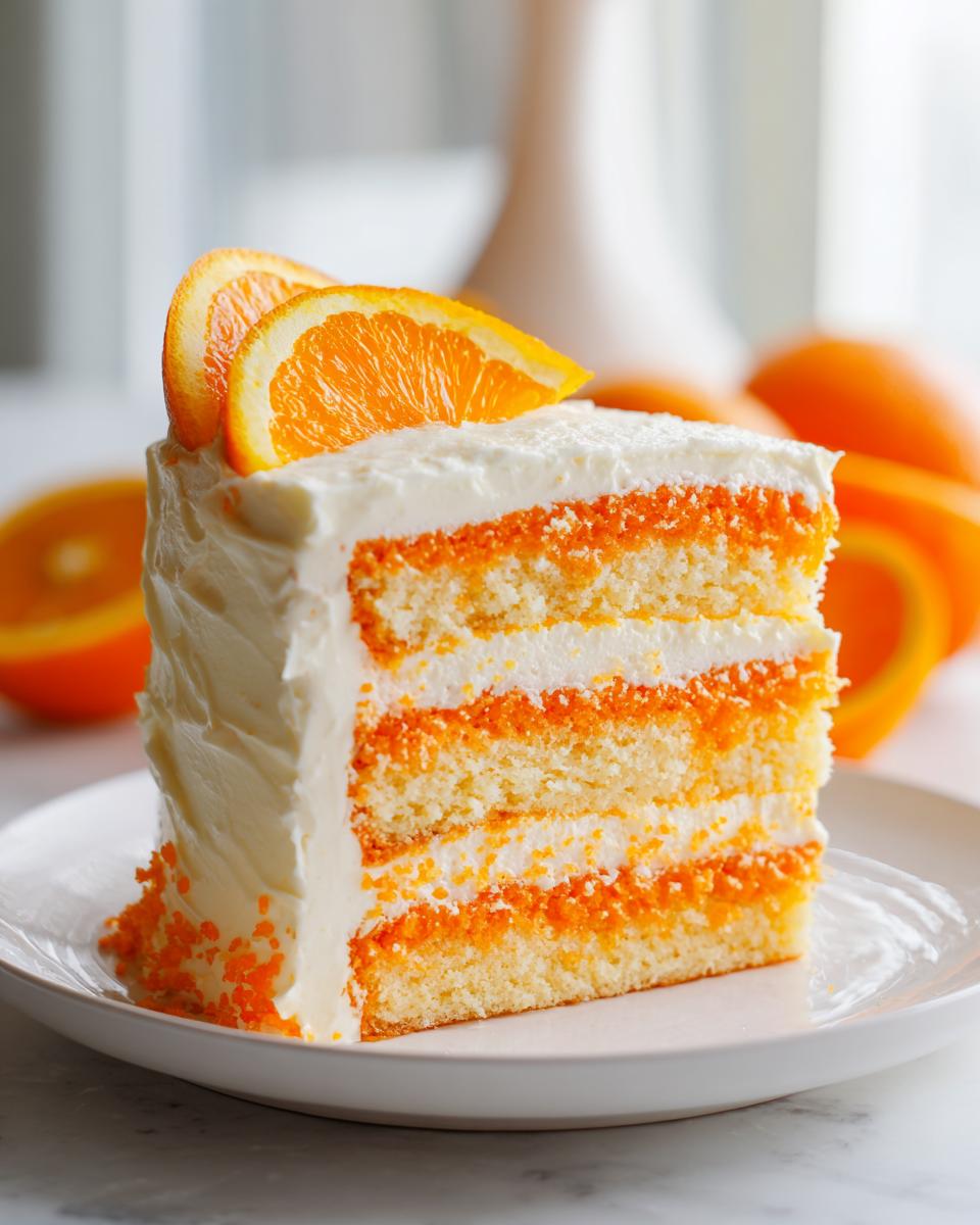 A tall slice of Creamsicle Cake showing three layers of orange-tinted cake separated by white frosting, topped with orange slices.