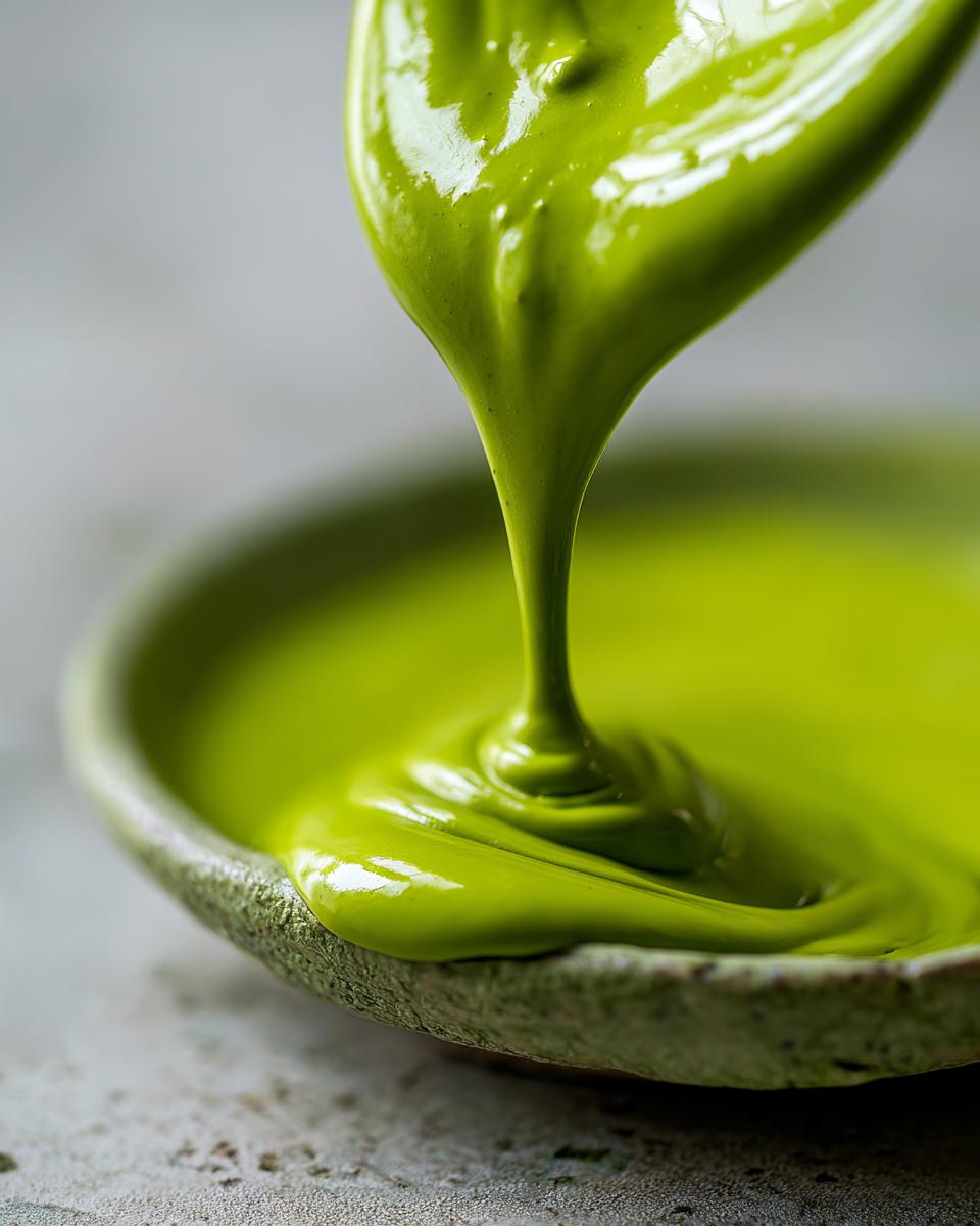 Close-up of thick, vibrant green avocado sauce being drizzled from a spoon into a rustic bowl.