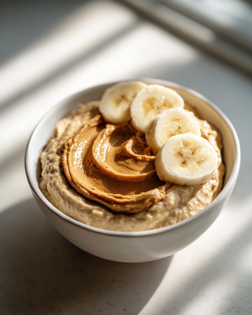 Close-up of creamy banana oatmeal topped with a swirl of peanut butter and sliced bananas.