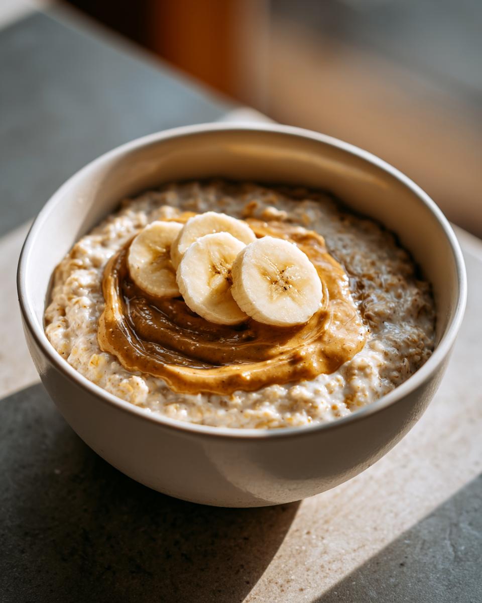 Close-up of a bowl of creamy banana oatmeal topped with a swirl of peanut butter and sliced bananas.