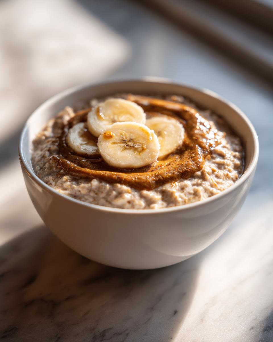 A close-up of creamy banana oatmeal in a white bowl, topped with swirls of nut butter and fresh banana slices.