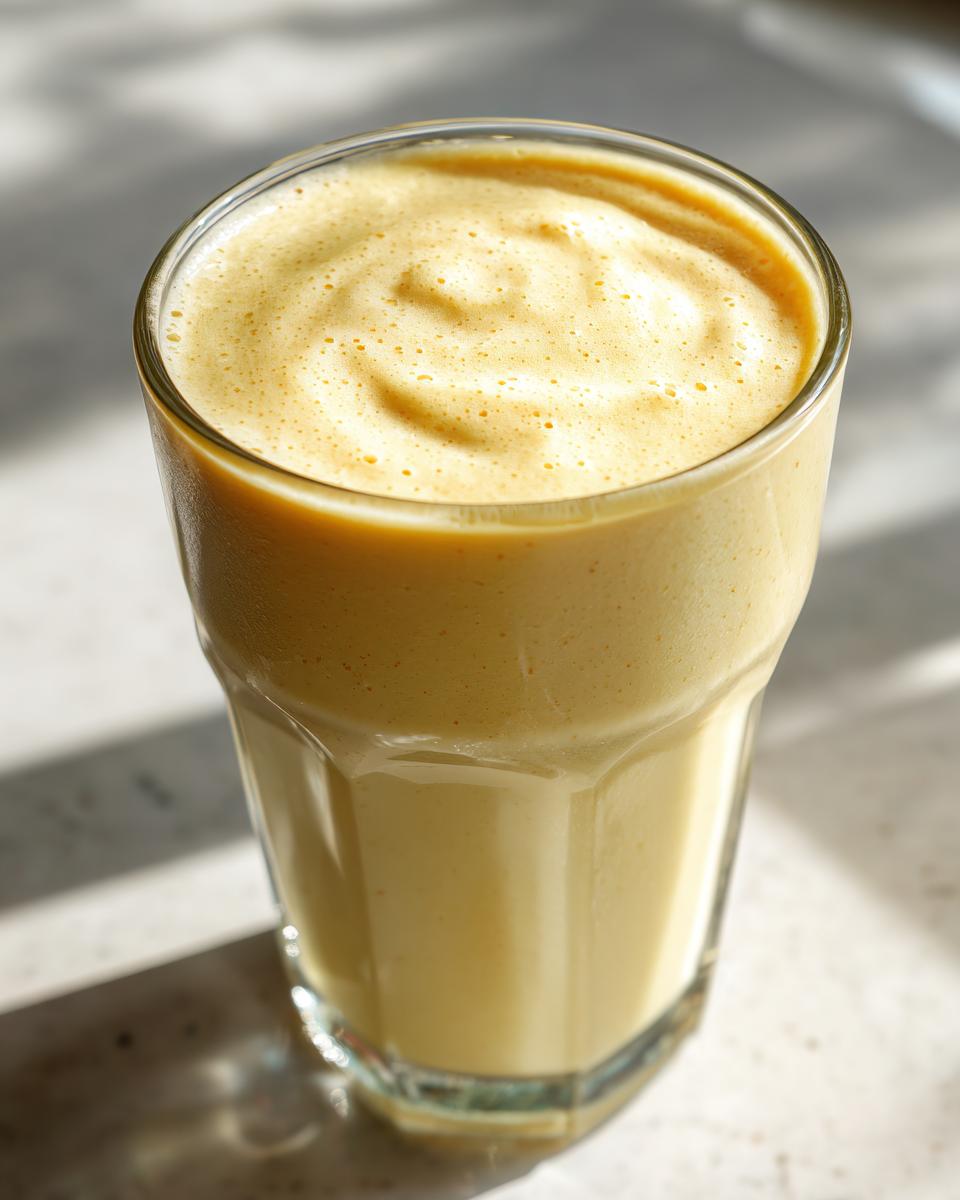A close-up of a thick, creamy banana smoothie with a foamy swirl on top, sitting in a clear glass.