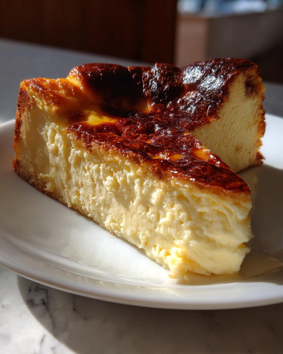 A thick slice of creamy basque cheesecake with a deeply caramelized top, served on a white plate.