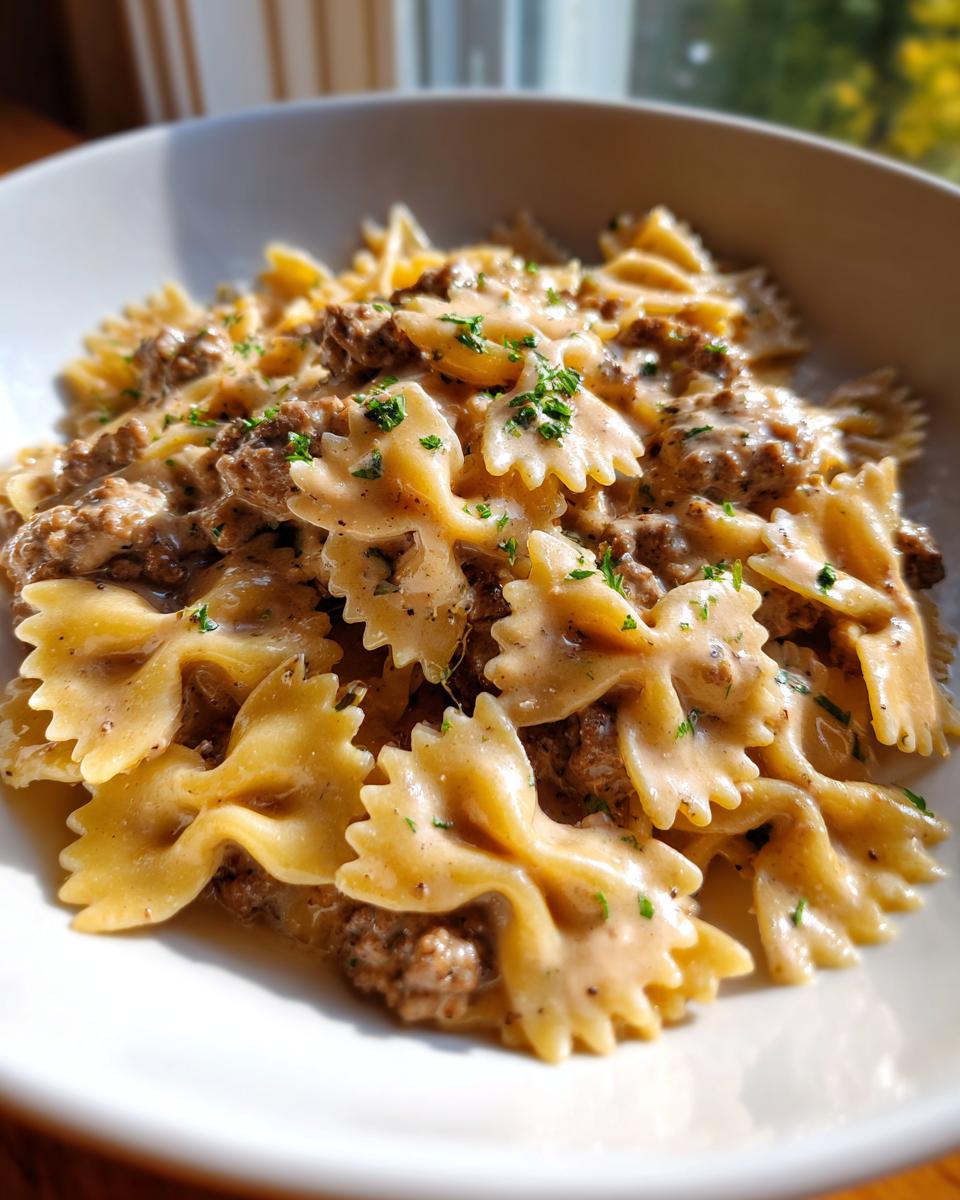A close-up bowl of creamy beef pasta made with farfalle noodles, topped with fresh parsley.