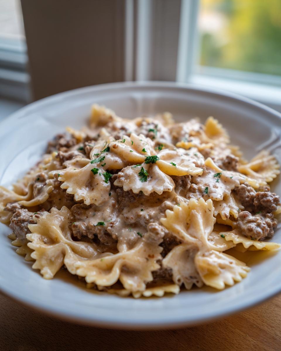 A close-up of a white bowl filled with creamy beef pasta made with farfalle noodles, garnished with parsley.