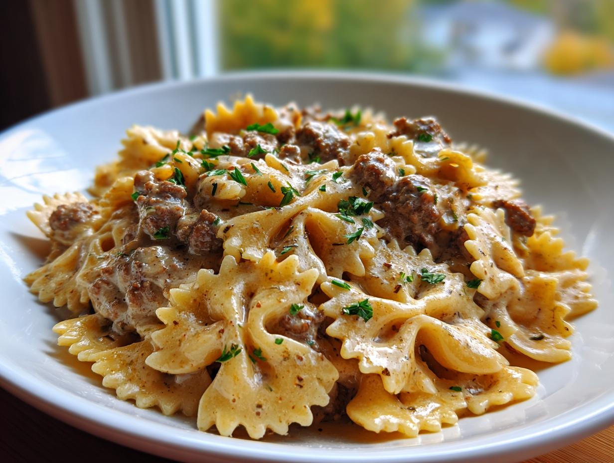 Close-up of a white bowl filled with creamy beef pasta made with farfalle (bowtie) noodles and ground beef.