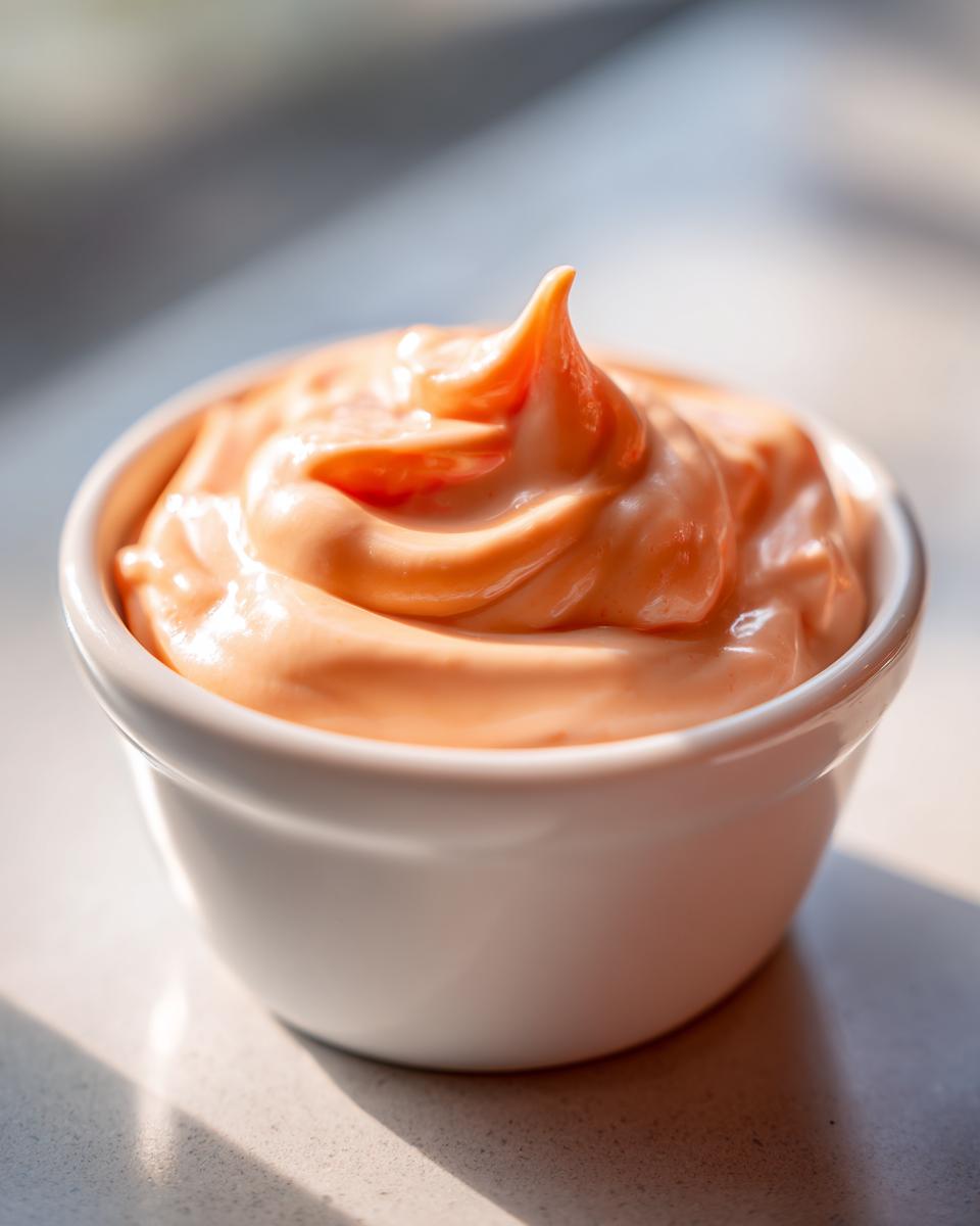 Close-up of creamy, orange-pink big mac sauce swirled high in a small white dipping bowl.