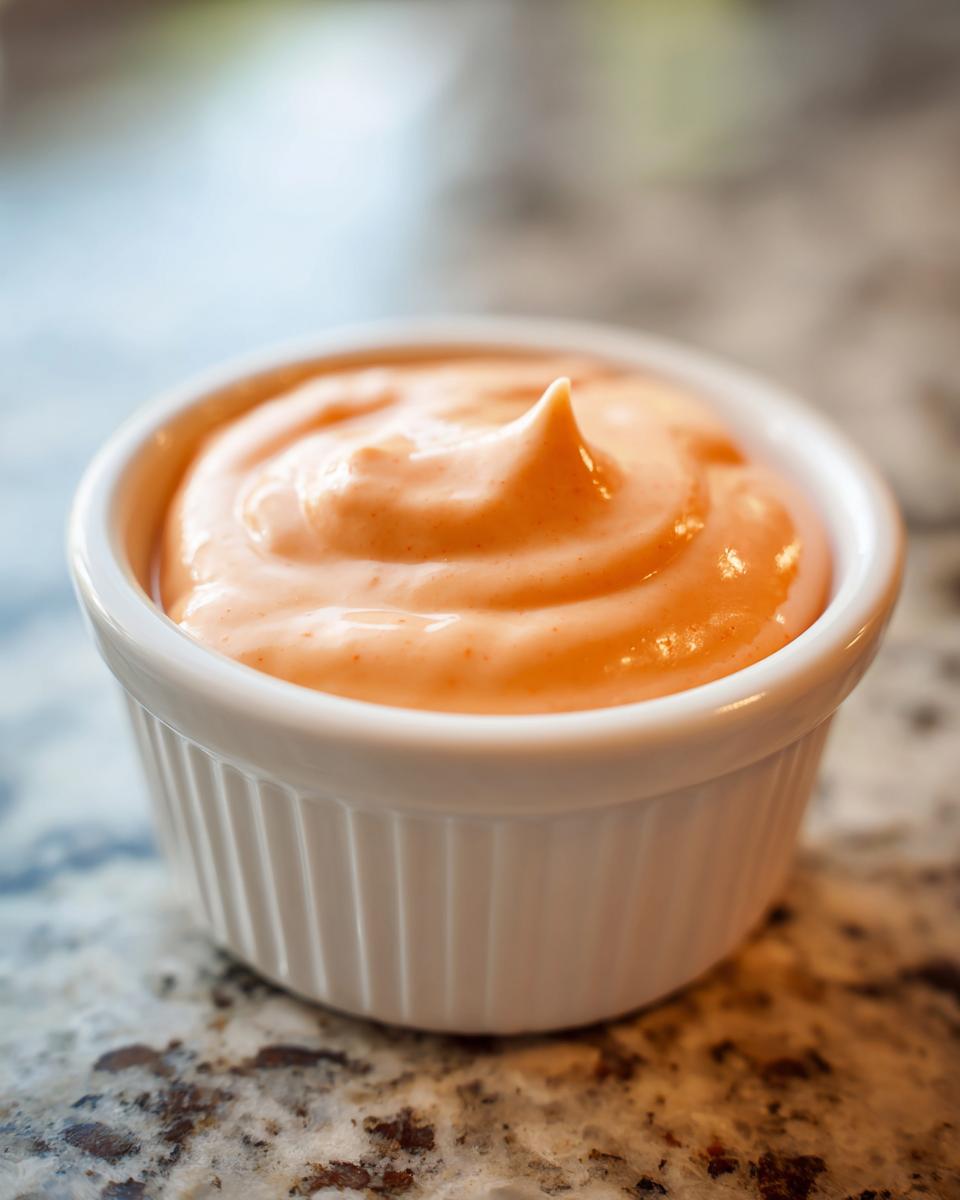 Close-up of creamy, orange-hued big mac sauce swirled perfectly in a small white ramekin.