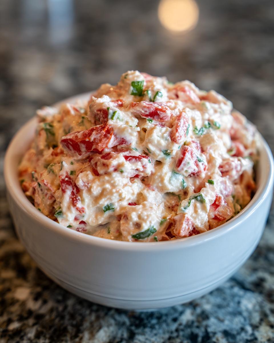A close-up of creamy, chunky boat dip mixed with red peppers and green herbs in a white serving bowl.
