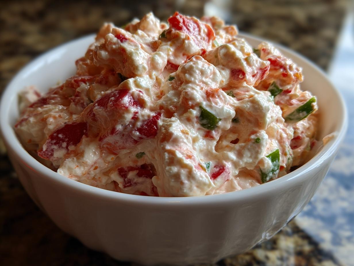 A close-up view of the creamy, chunky boat dip mixture featuring visible chunks of red pepper and green onion in a white bowl.