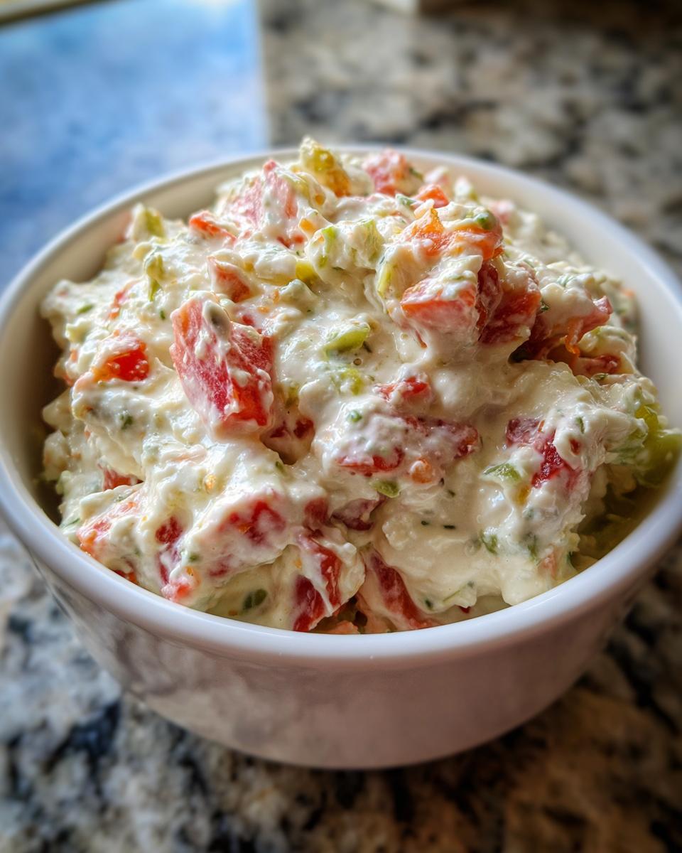 A close-up of creamy boat dip mixed with visible chunks of red tomatoes and green peppers in a white bowl.