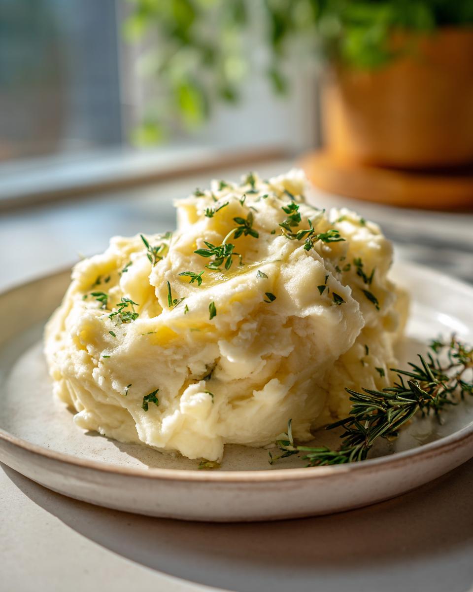 A serving of creamy Boursin mashed potatoes topped with fresh thyme and garnished with rosemary sprigs.