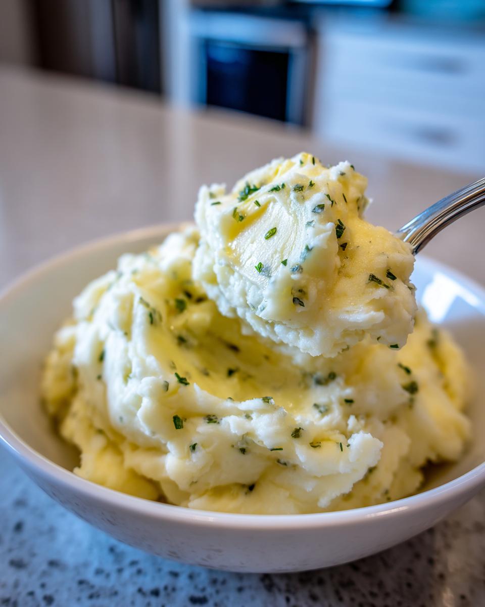 A spoonful of creamy Boursin mashed potatoes topped with melted butter and chopped green herbs being lifted from a white bowl.