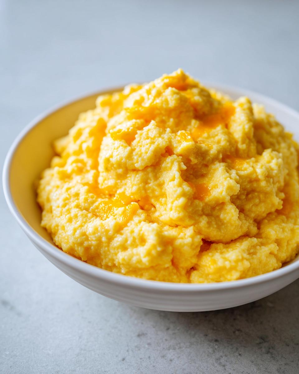 Close-up of a white bowl filled with fluffy, bright yellow cheese grits topped with melted cheese.