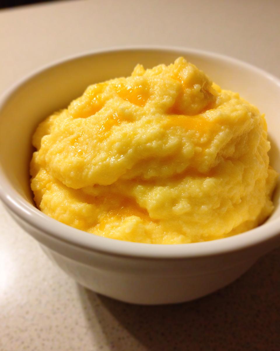A close-up of a white bowl filled with fluffy, bright yellow cheese grits, showing melted cheese swirls.