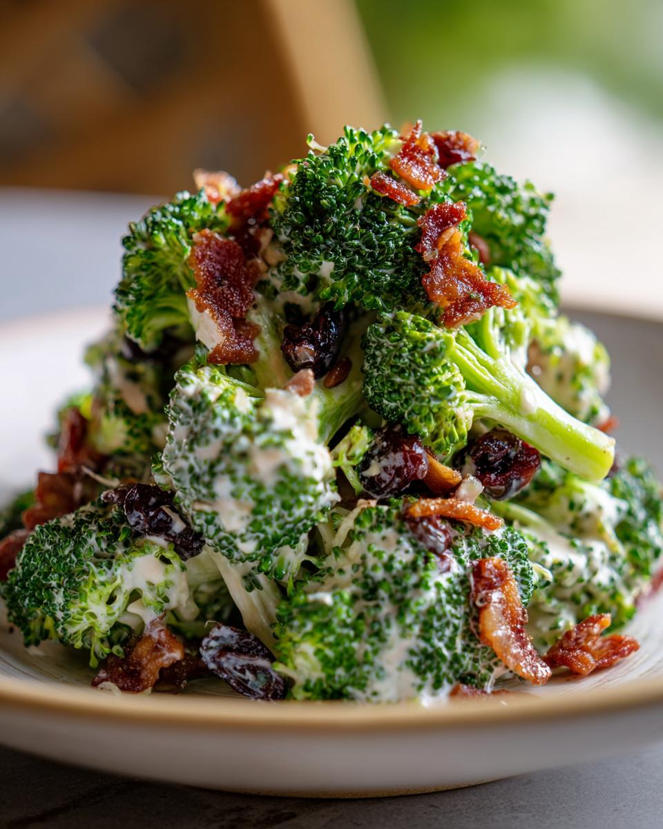 A close-up shot of a mound of creamy broccoli salad topped with crispy bacon bits and dried cranberries.