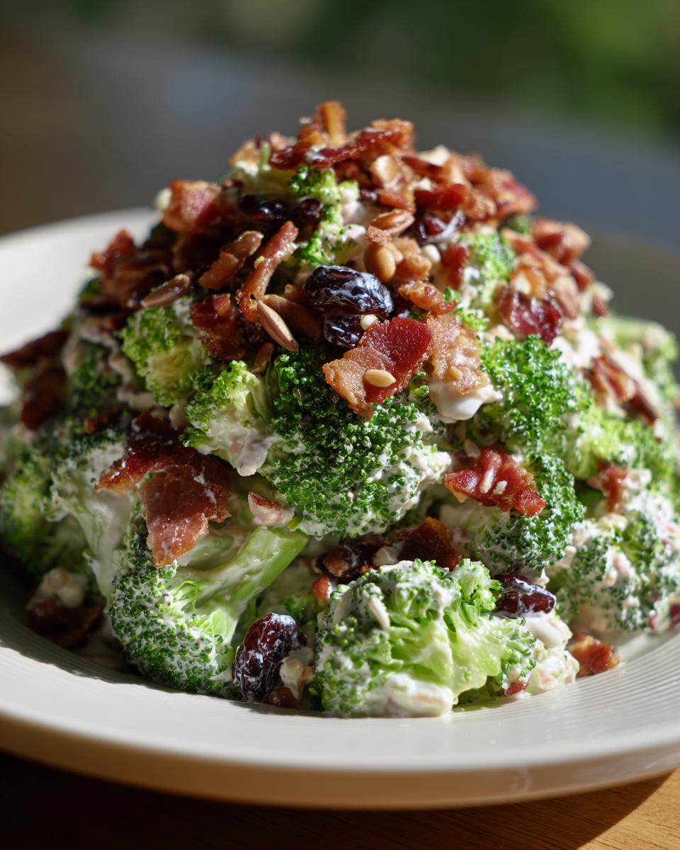 A mound of creamy broccoli salad mixed with a white dressing, topped generously with crispy bacon bits, dried cranberries, and sunflower seeds.