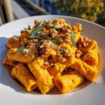 A close-up of creamy butternut squash pasta topped with chopped walnuts, grated cheese, and fresh sage leaves.