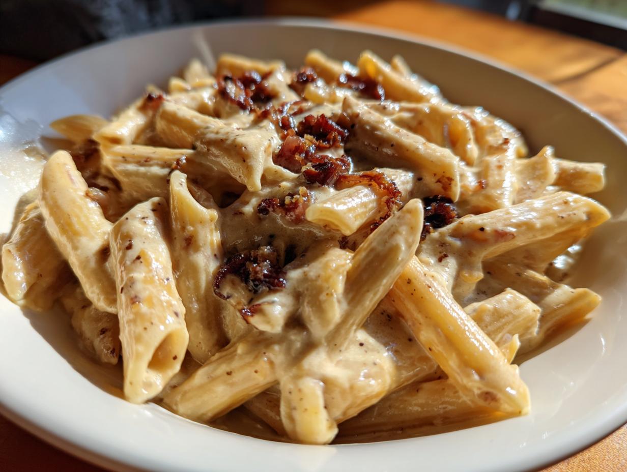 Close-up of penne pasta coated in a rich, creamy sauce, topped with dark caramelized onion pasta.